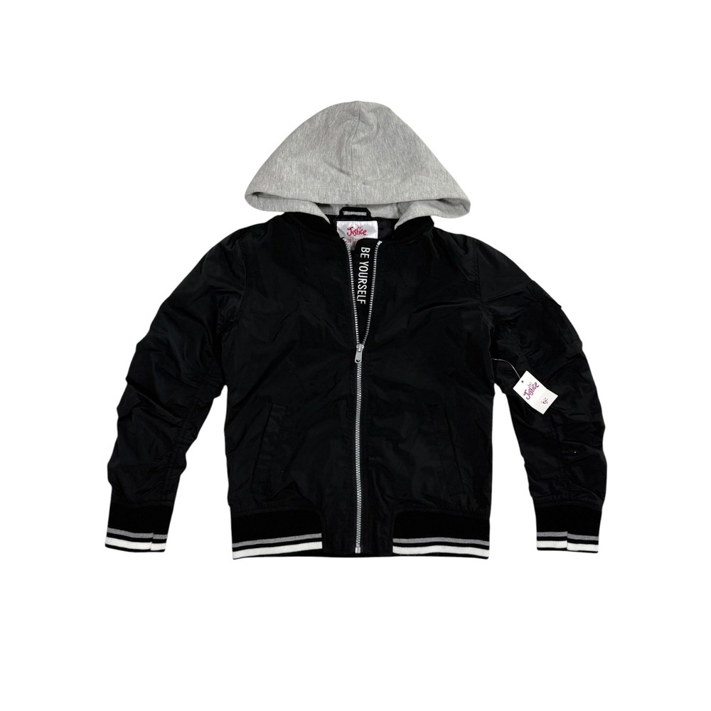 Justice Girl's Black Hooded Bomber Jacket Ruched Sleeves Be Yourself Size 8/10